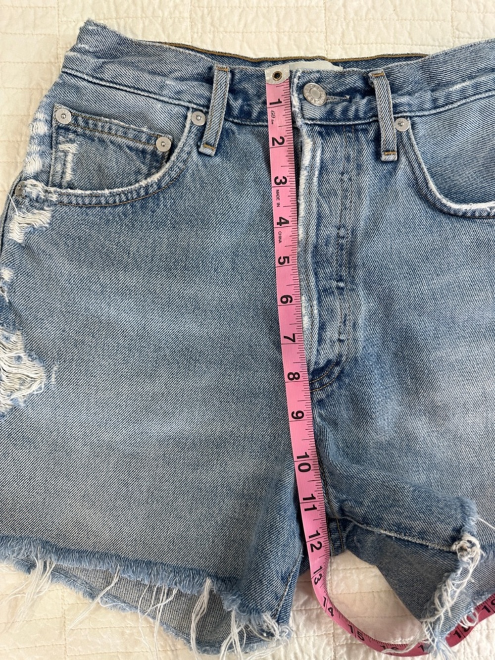Agolde Distressed Dee 24 Light Blue High-Rise Denim Shorts - Picture 7 of 9